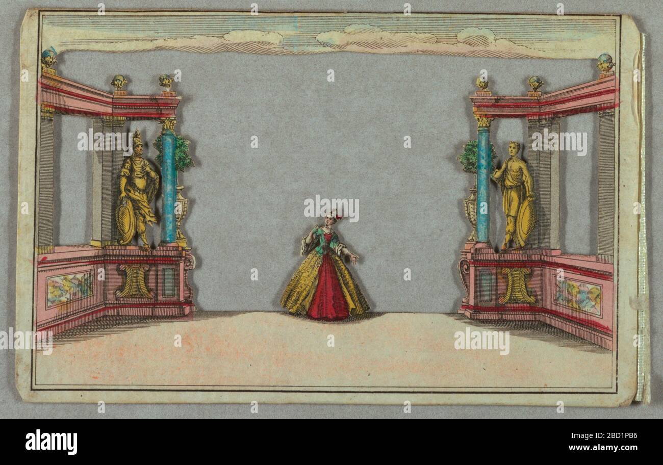 Spettacolo di Peepshow dell'Opera. Ricerca in figure ProgressSix in pose istrioniche in un ambiente di archi e portici con colonne in blu. Sul retro, una fontana e piscina in un giardino formale. F ha una scena giardino con fontane, rampe ed edifici sul retro. Spettacolo di Peepshow dell'Opera Foto Stock