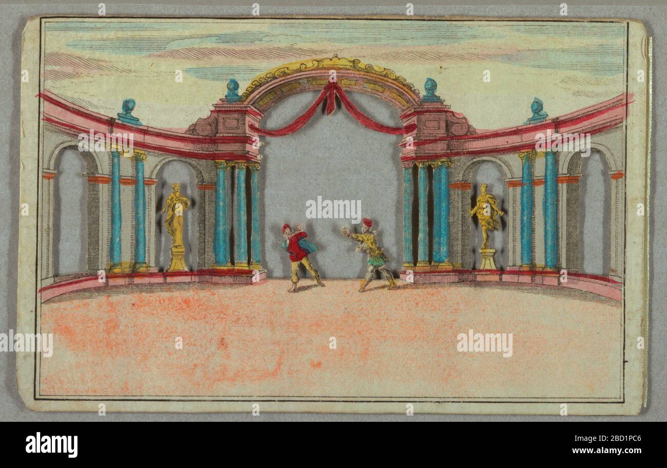 Spettacolo di Peepshow dell'Opera. Ricerca in figure ProgressSix in pose istrioniche in un ambiente di archi e portici con colonne in blu. Sul retro, una fontana e piscina in un giardino formale. F ha una scena giardino con fontane, rampe ed edifici sul retro. Spettacolo di Peepshow dell'Opera Foto Stock