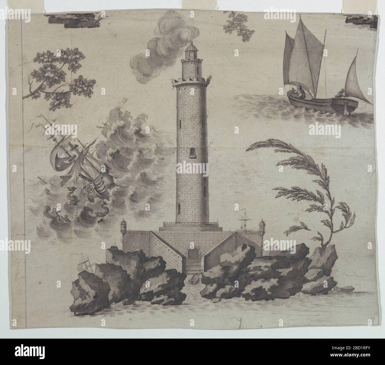 Frammento di un cartone animato per la stampa di cotone Neptune o Lempire des Mers. Ricerca in ProgressDesign di una delle otto scene. Centro, faro su fondamenta rocciose. Sinistra, nave in difficoltà. In alto a destra, piccola barca a vela in acque tranquille. Frammento di un cartone animato per la stampa di cotone Neptune o Lempire des Mers Foto Stock