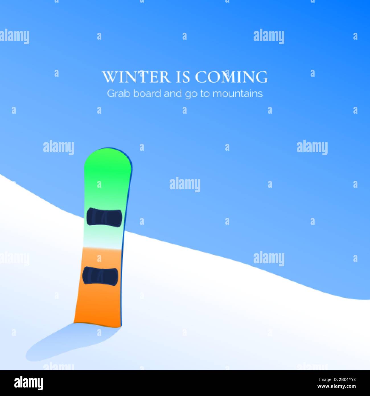 Snowboard rimanere sulla neve su montagna su sfondo blu cielo. Banner o poster della stazione sciistica. Illustrazione vettoriale Illustrazione Vettoriale