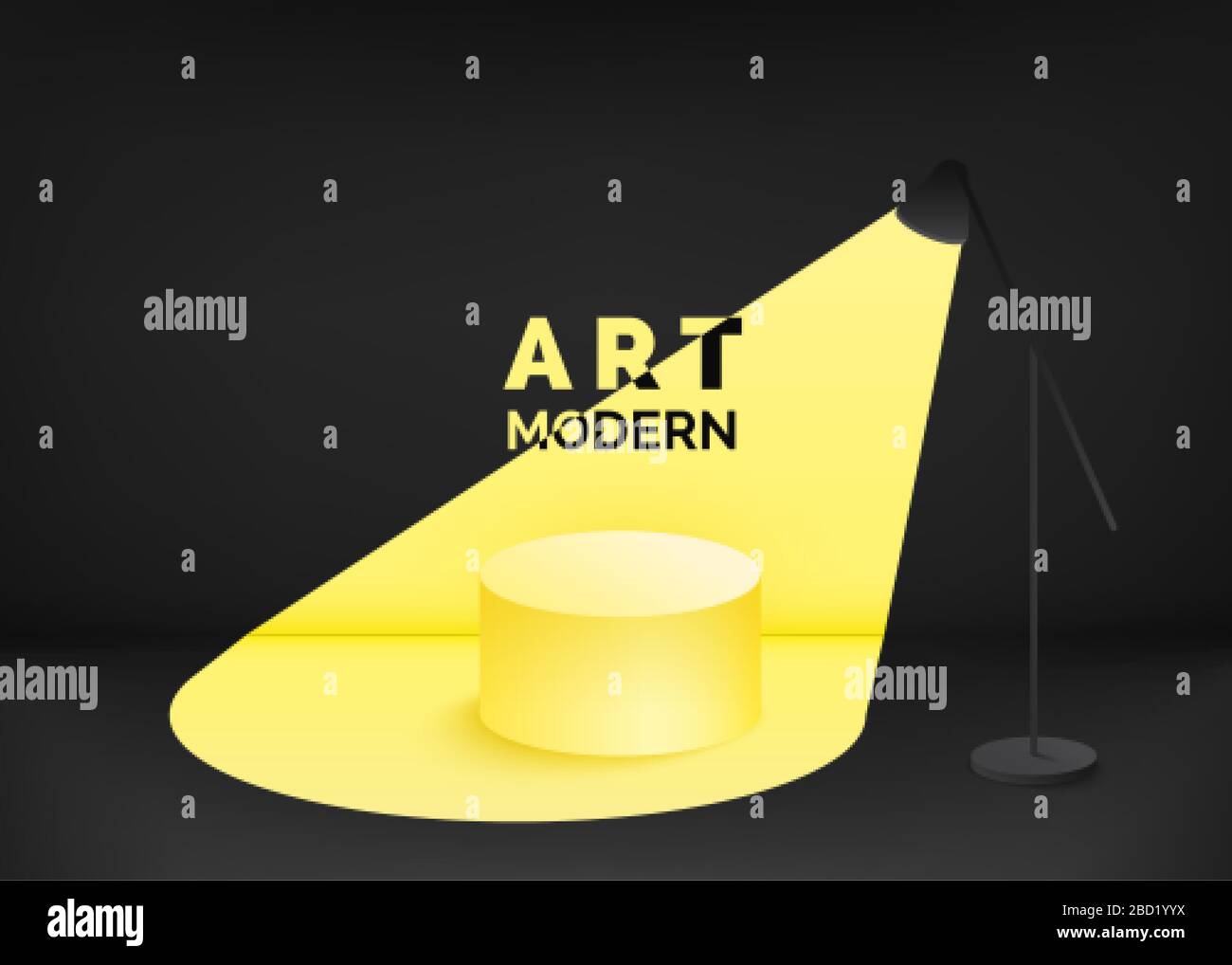 Arte moderna spot luminoso giallo che emana dalla luce che si fonde nella scena. Podio vuoto dal design nero e giallo contemporaneo. Illustrazione vettoriale Illustrazione Vettoriale