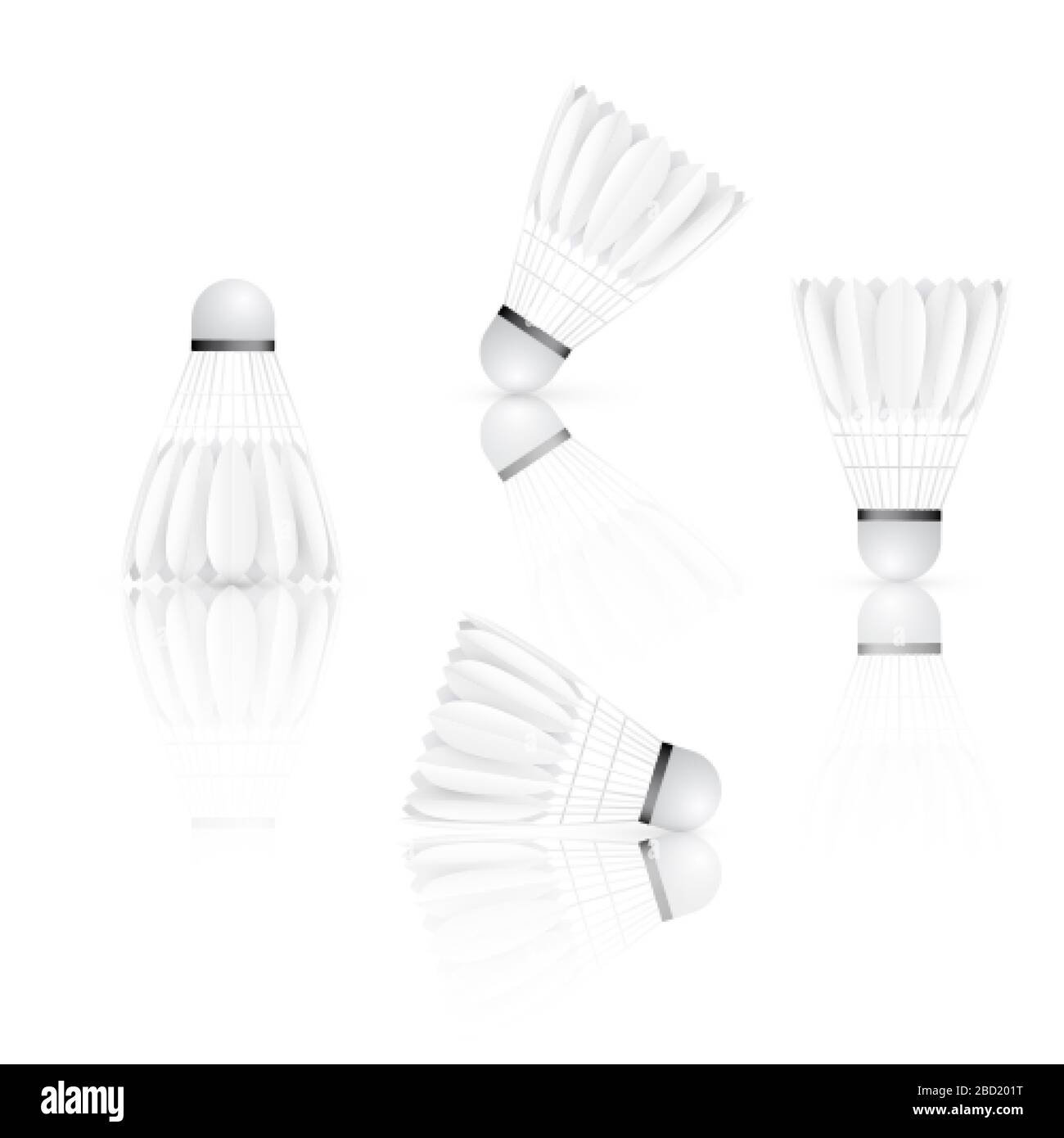 Set di Shuttlecock con riflessione. Badminton - attrezzature sportive. Illustrazione vettoriale isolata su sfondo bianco Illustrazione Vettoriale