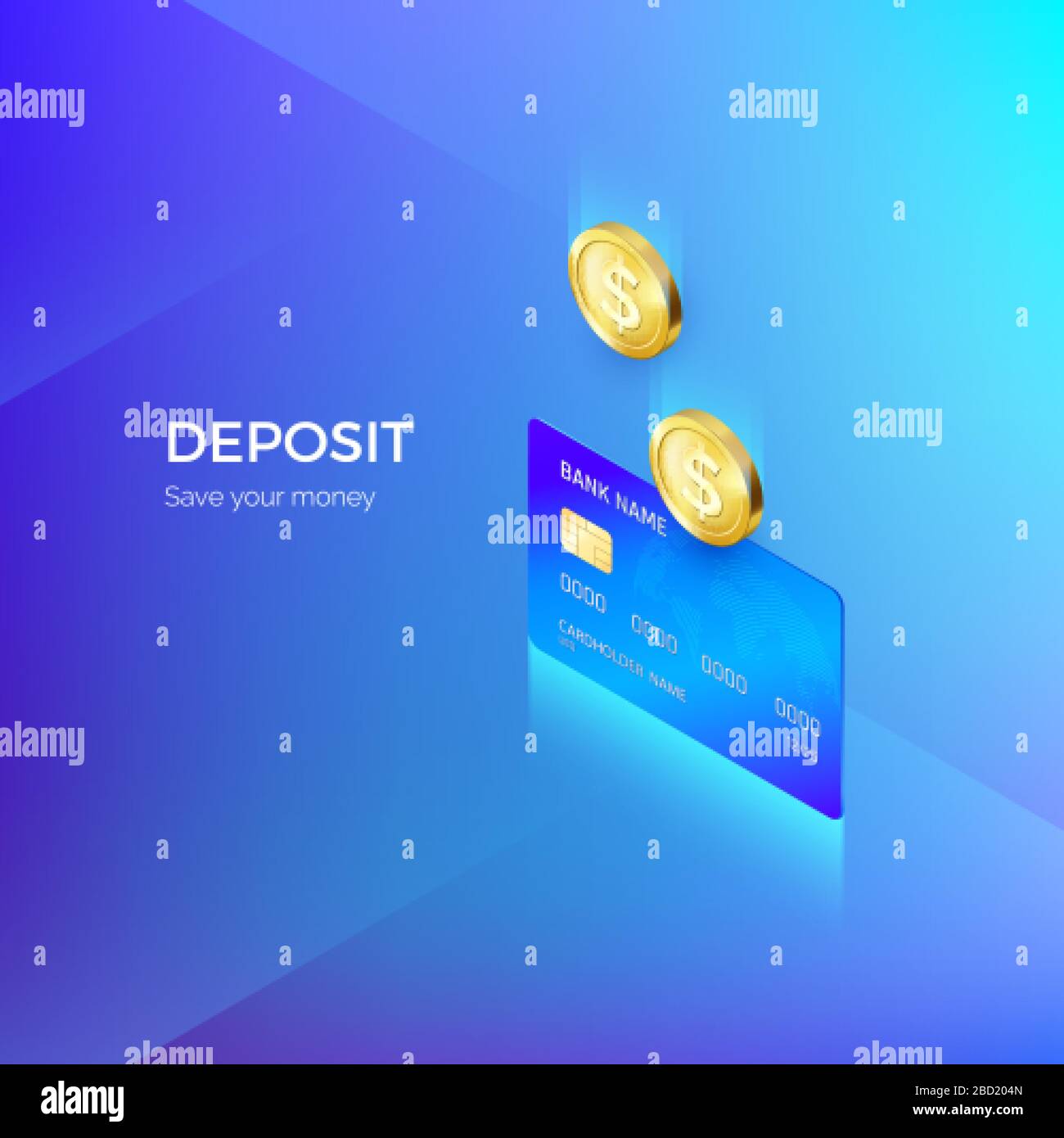 La moneta cade nel banner isometrico della carta di credito. Servizi bancari o di pagamento. Rifornimento del deposito e risparmio di denaro. Illustrazione vettoriale Illustrazione Vettoriale