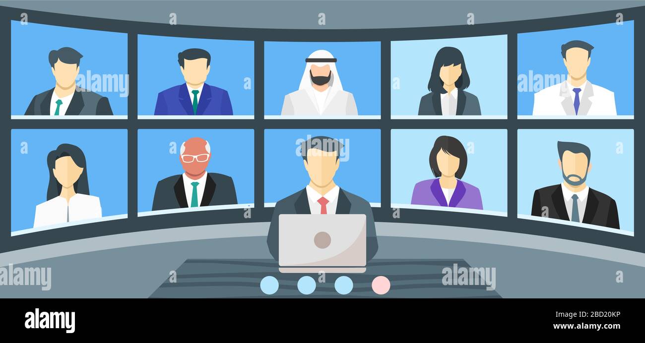 Teleconferenza della Global Crisis Synergy da parte dei leader mondiali o delle autorità ufficiali del governo. TV Video Conference Online riunioni virtuali da parte del Presidente Illustrazione Vettoriale