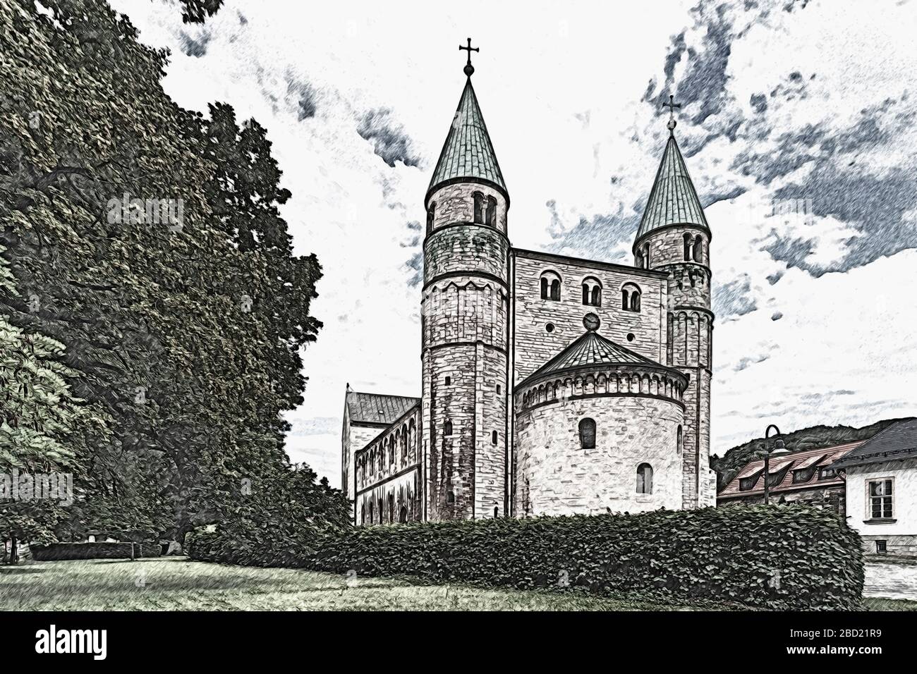 La chiesa collegiata di San Ciriaco fu eretta all'inizio del X secolo, Gernrode, Quedlinburg, Harz, Sassonia-Anhalt, Germania, Europa Foto Stock