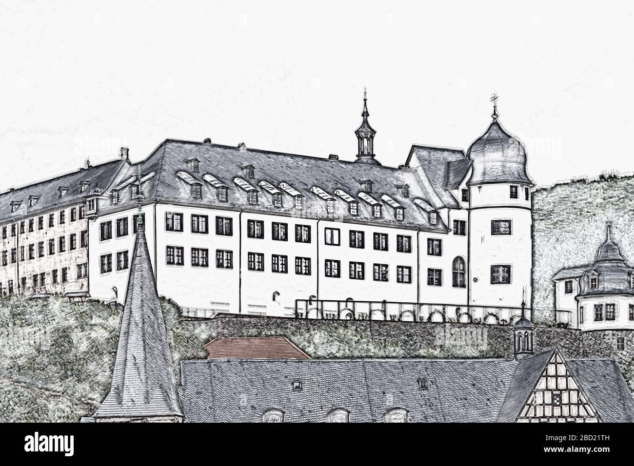 Vista sulla città e castello Stolberg/Harz dal 13 ° secolo, Stolberg/Harz, comune Suedharz, Sassonia-Anhalt, Germania, Europa Foto Stock