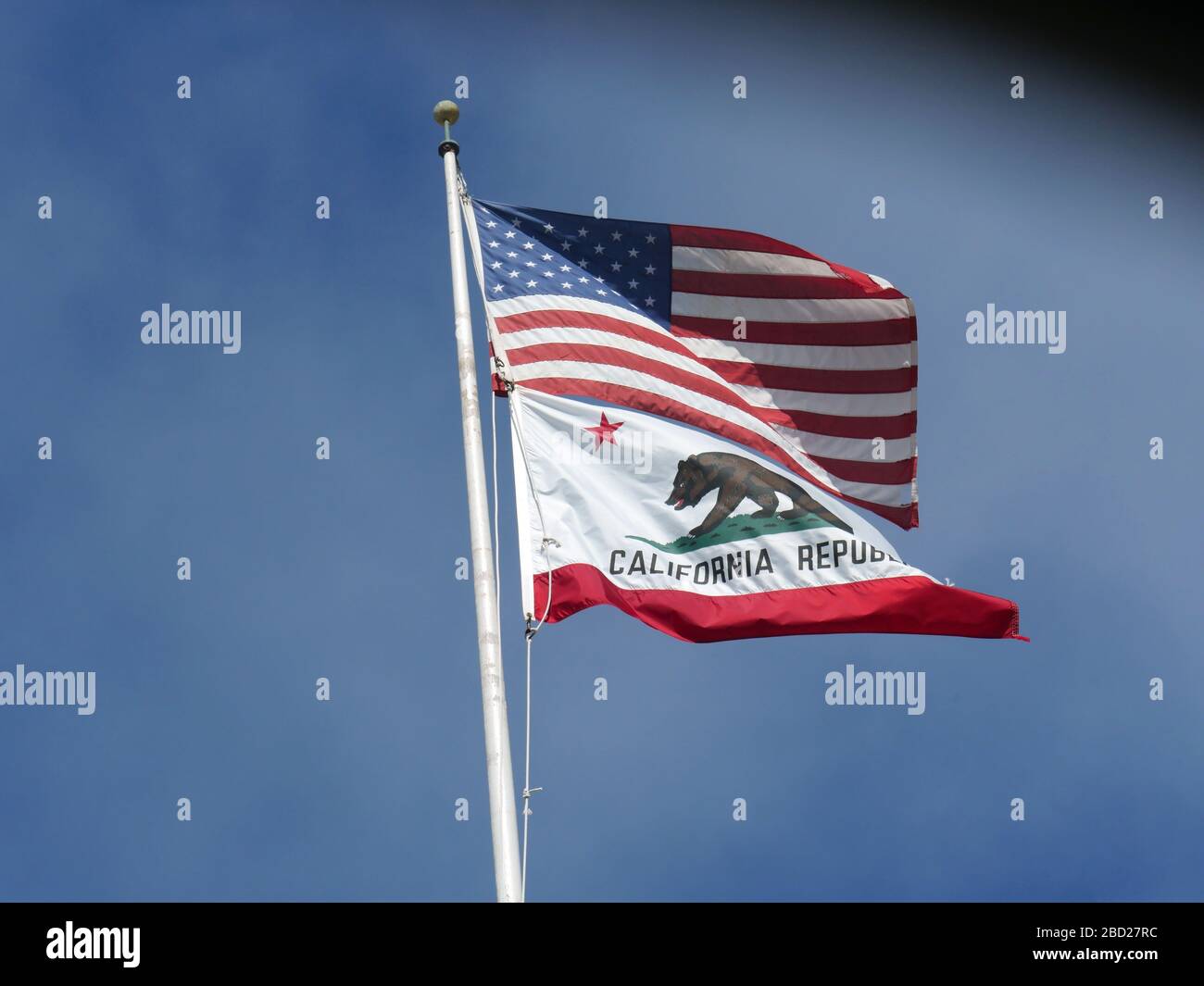 Bandiera dello Stato della California che vola da un palo, sparato. Foto Stock