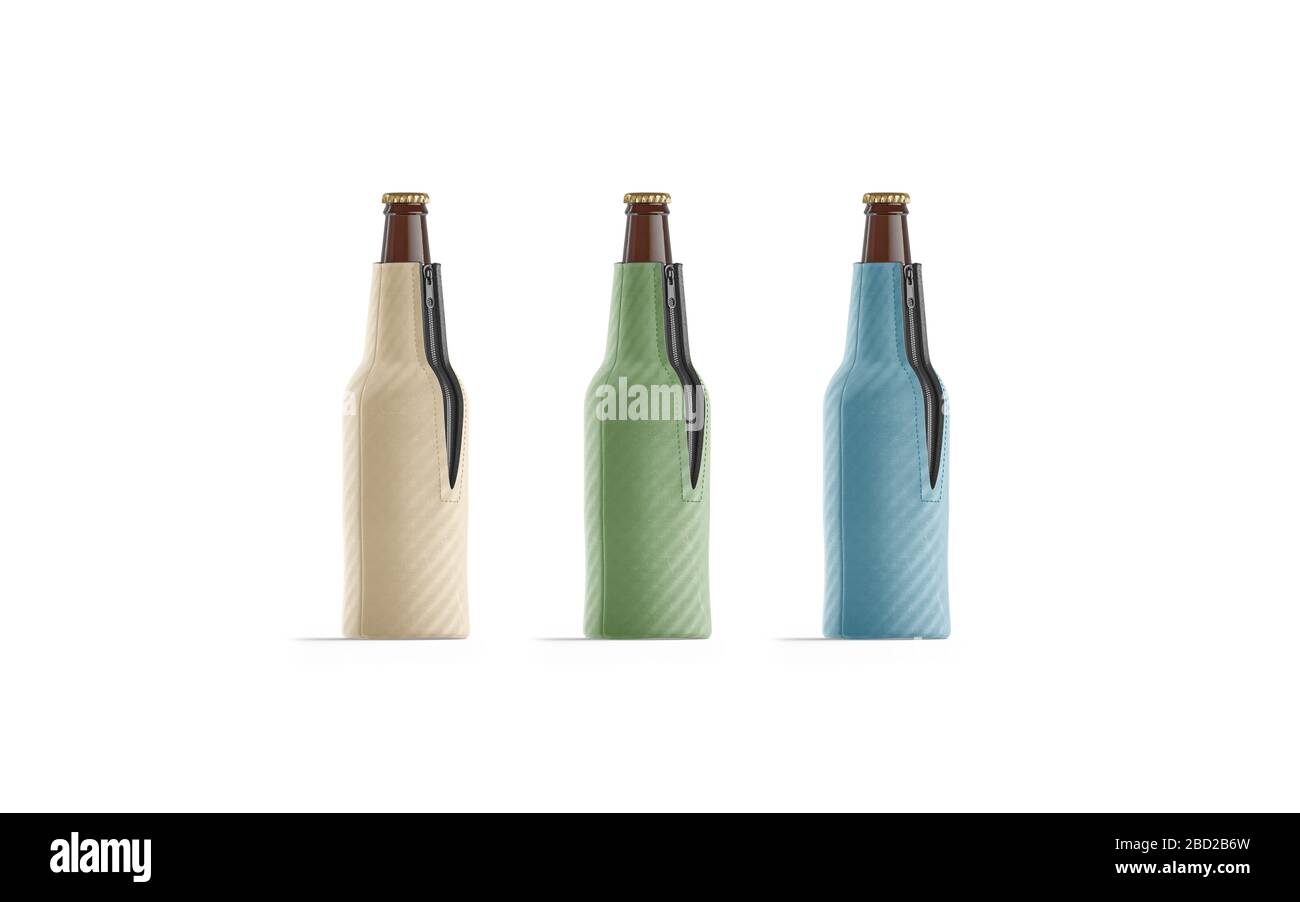 Set per mockup di bottiglie di birra pieghevoli di colore bianco, vista semi-ruotata Foto Stock