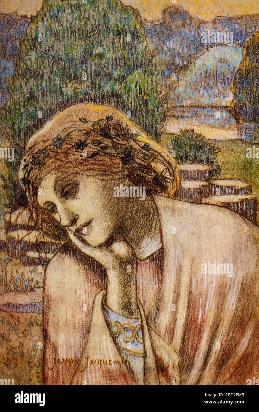 'Day Dream' di Jeanne Jacquemin, nota anche come Marie-Jeanne Boyer (1861-1938), artista francese associato al movimento Symbolist. Il suo lavoro, come quello dei suoi contemporanei Symbolisti, si rivolge al misticismo, agli stati dei sogni, alla natura e alla douleur, o al dolore. Foto Stock