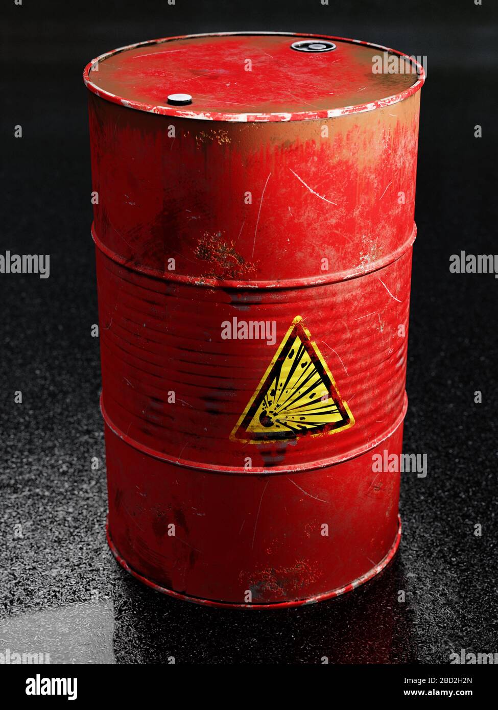 Rendering 3D del cilindro in metallo rosso con materiale esplosivo Foto Stock
