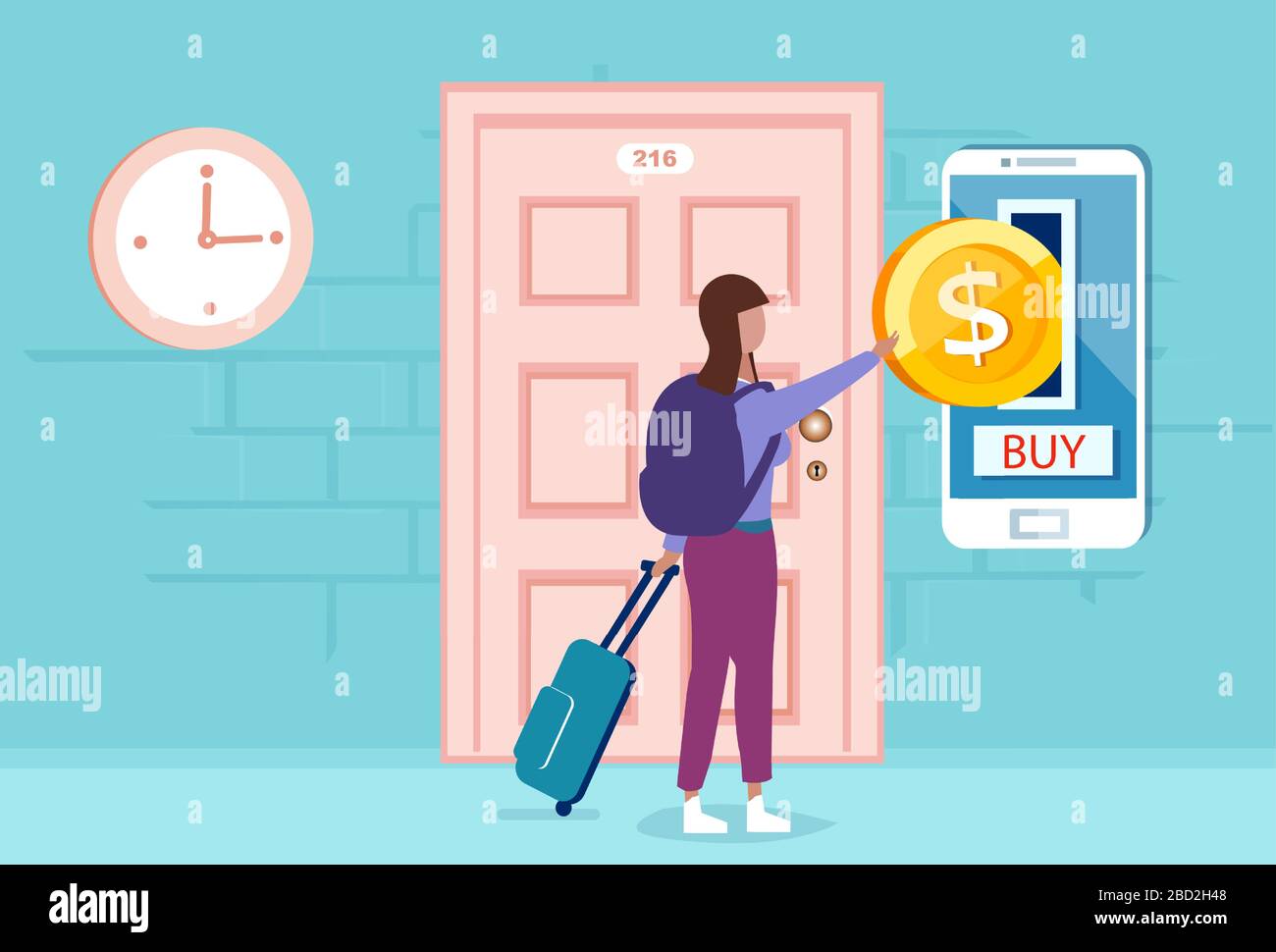 Vettore di una donna che viaggia con valigia che apre la porta della stanza effettuando il pagamento online tramite l'app per smartphone Illustrazione Vettoriale