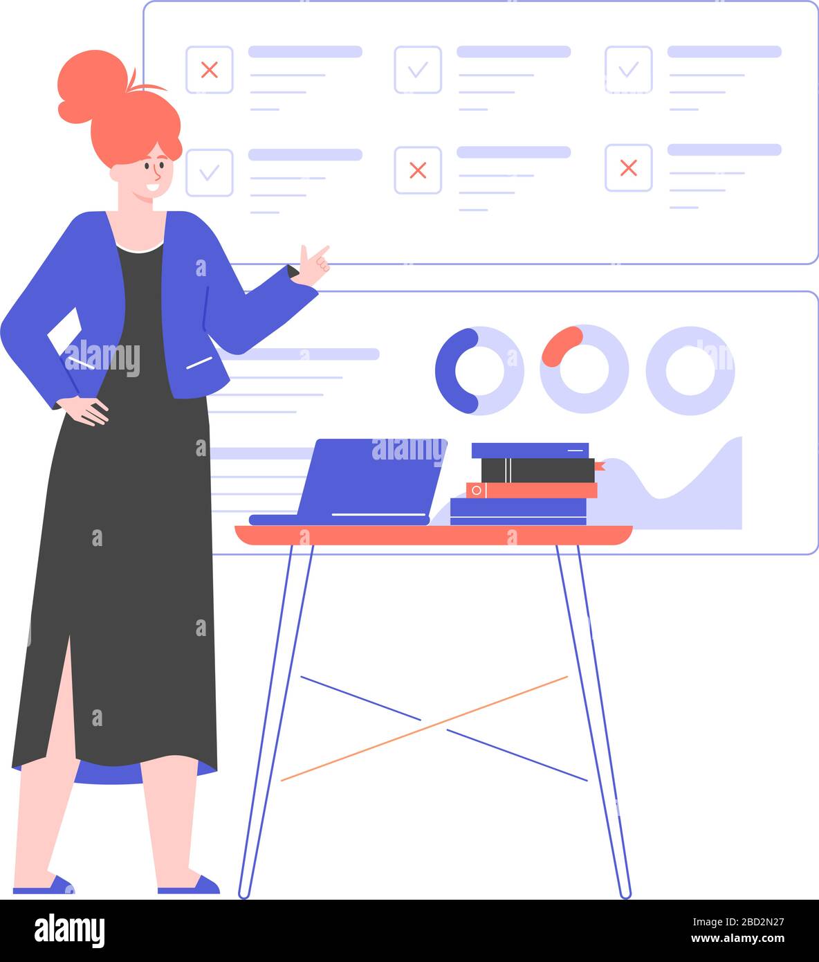 Donna è in piedi accanto alla scrivania. Illustrazione Vettoriale