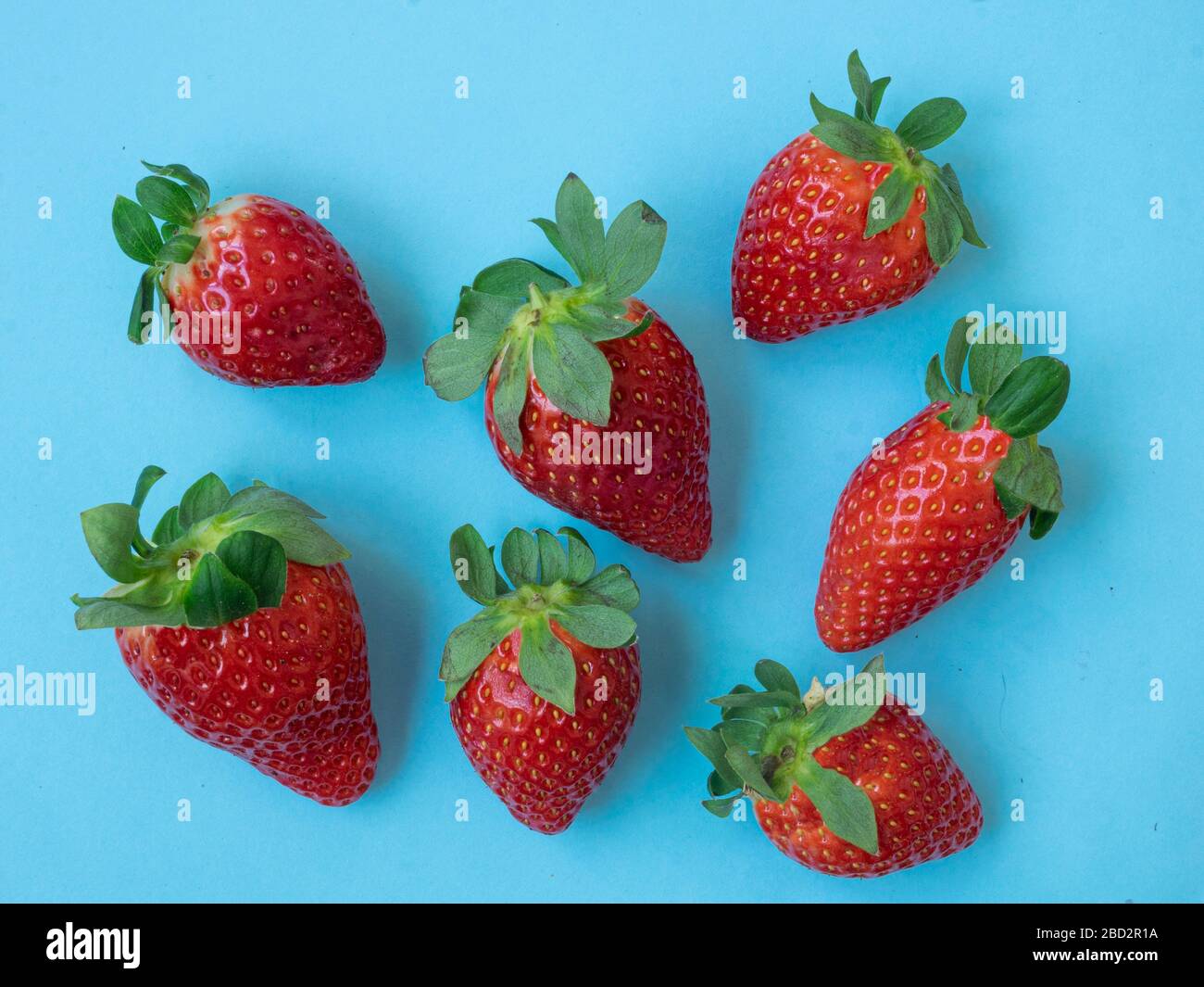 Vista dall'alto delle fragole su sfondo blu Foto Stock