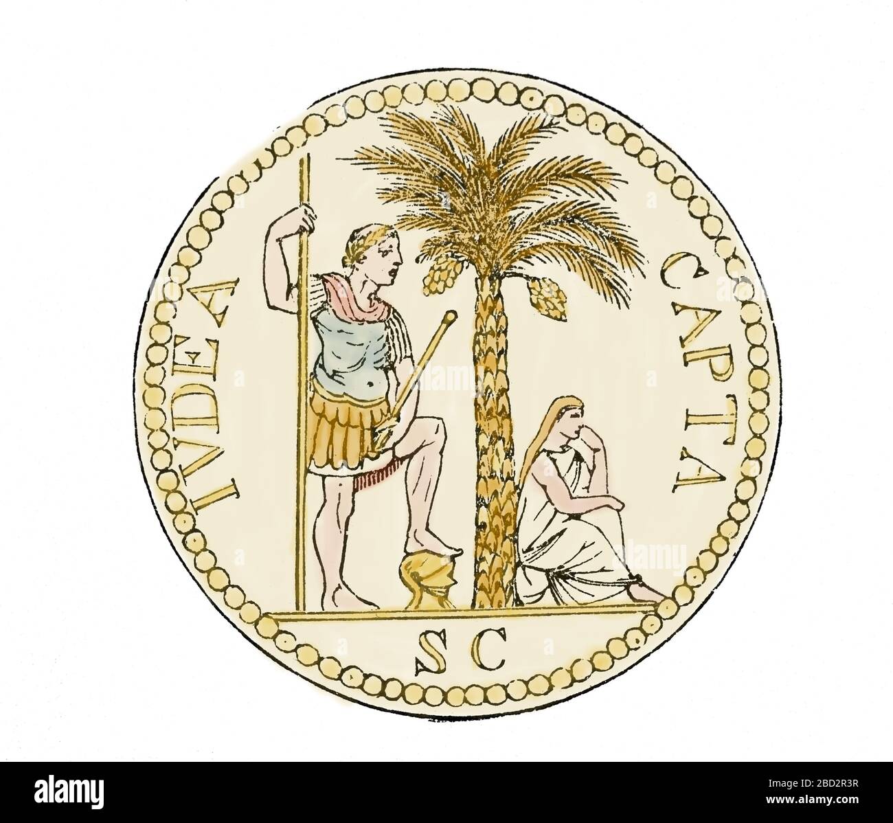 "Giudea capta" sestertius di Vespasiano. Festeggia la vittoria nella rivolta di Jewist. Incisione, 19 ° secolo. Epoca romana. Foto Stock