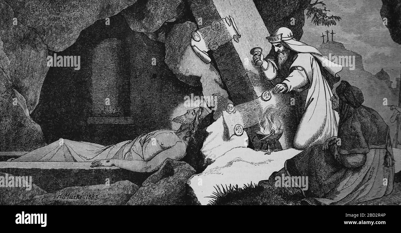 Sepolcro di Gesù (tomba tagliata da roccia). Incisione, 19 ° secolo. Foto Stock