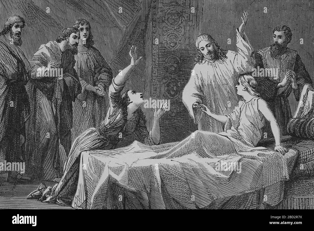 La crescita della figlia di Jairu. Miracolo di Gesù nei Vangeli Marco, Matthou e Luca. Incisione, 19 ° secolo. Foto Stock