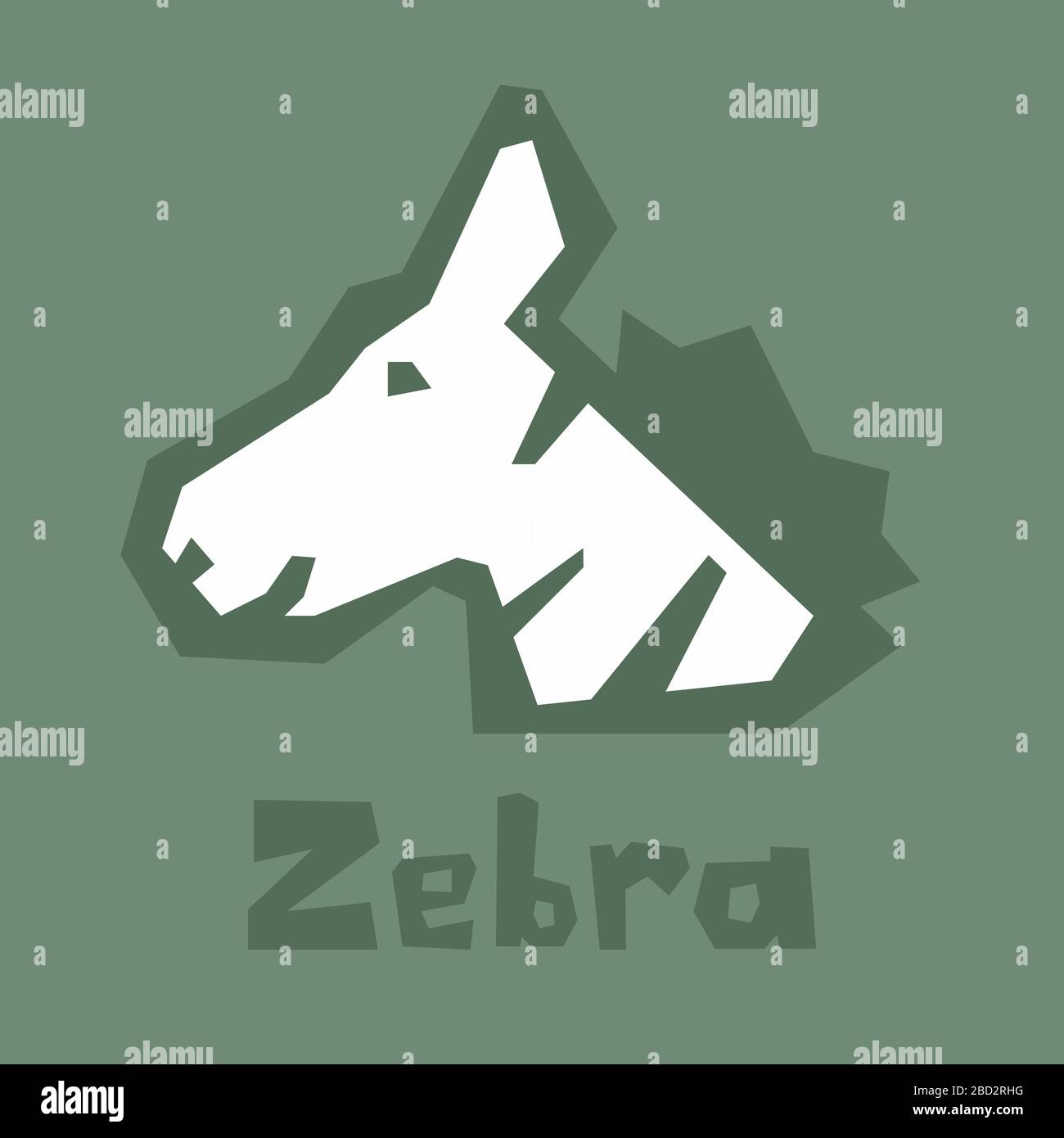 Testa di zebra in stile cartoon piatto isolato su sfondo verde. Design vettoriale semplice. Zebra, un look amichevole. Contorno spesso, testo. Scheda interattiva Illustrazione Vettoriale