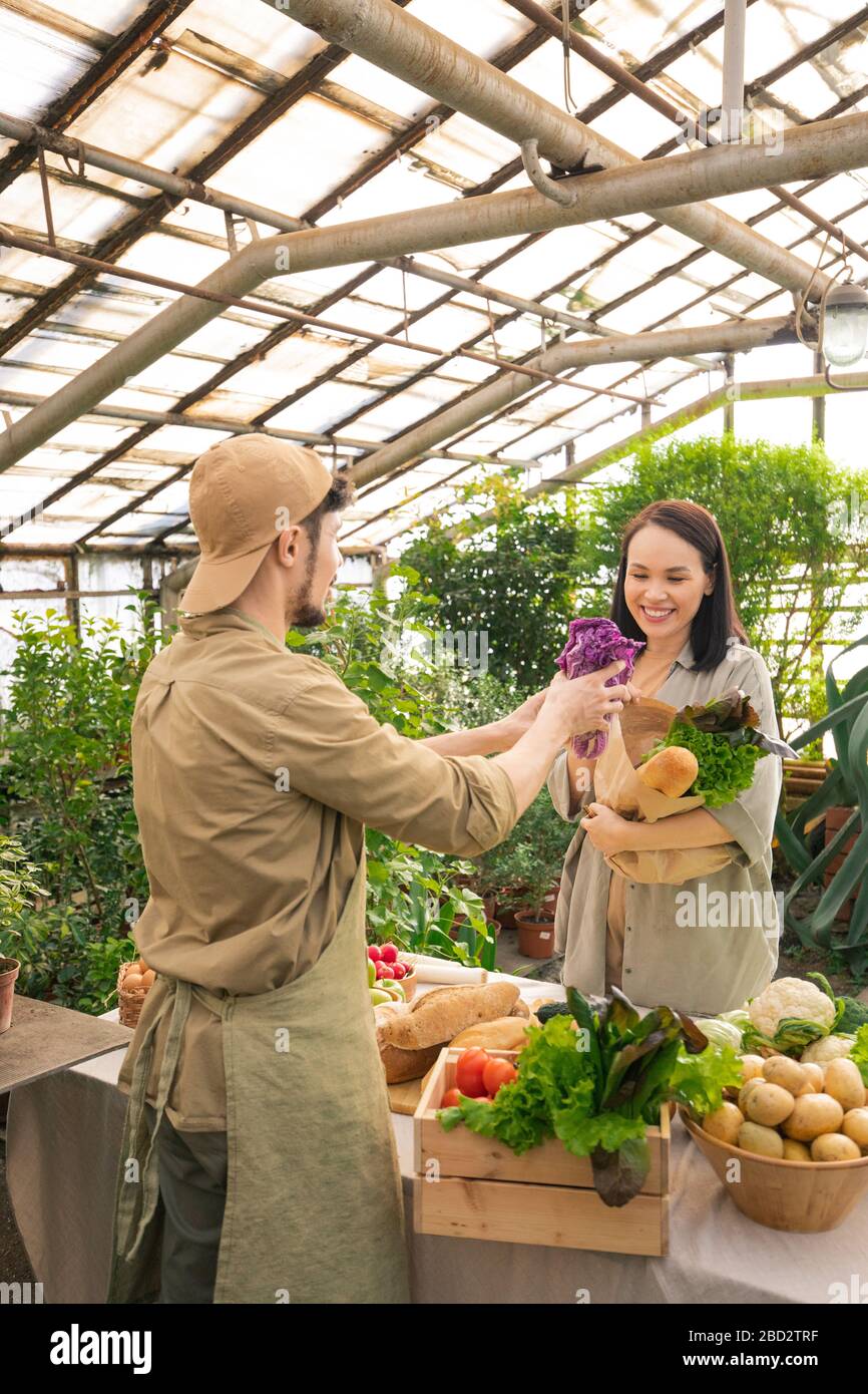 Giovane venditore di alimenti biologici che confezionano il cavolo in un sacchetto di carta del cliente mentre vende prodotti freschi di fattoria Foto Stock
