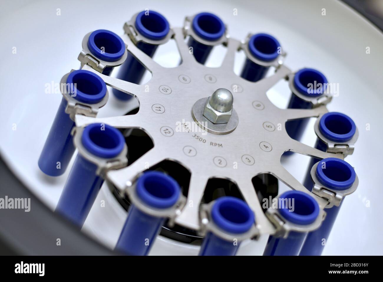 Centrifuga da laboratorio con scomparti vuoti per provette. Vista laterale ad angolo rispetto all'interno aperto. Foto Stock
