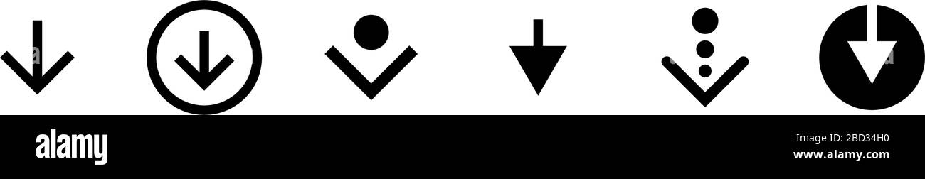 Scorri verso il basso l'icona o scarica il set di pittogrammi di scorrimento isolato per blogger web ui design. Freccia nera vettore inferiore per applicazione e social network. Illustrazione semplice del pulsante EPS Illustrazione Vettoriale