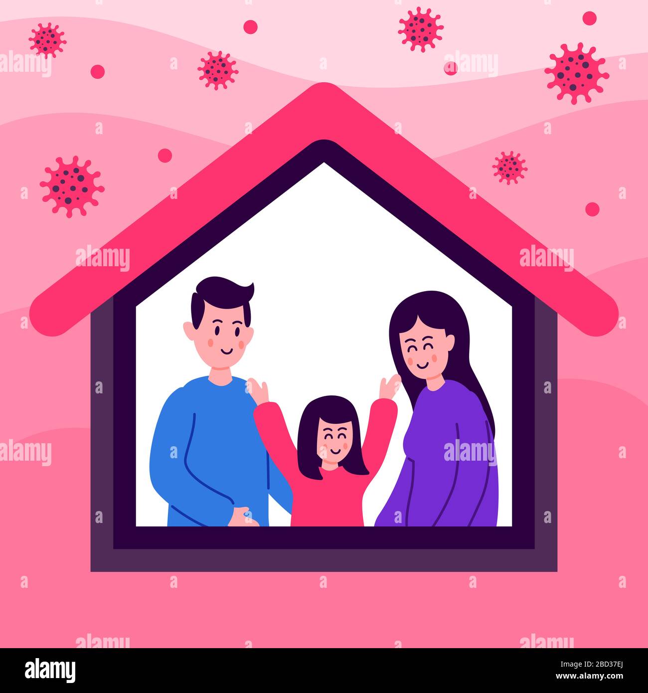 Rimani a casa durante il coronavirus. Campagna contro il virus Corona (COVID-19) per rimanere a casa. Campagna di sensibilizzazione e prevenzione del coronavirus. Illustrazione Vettoriale