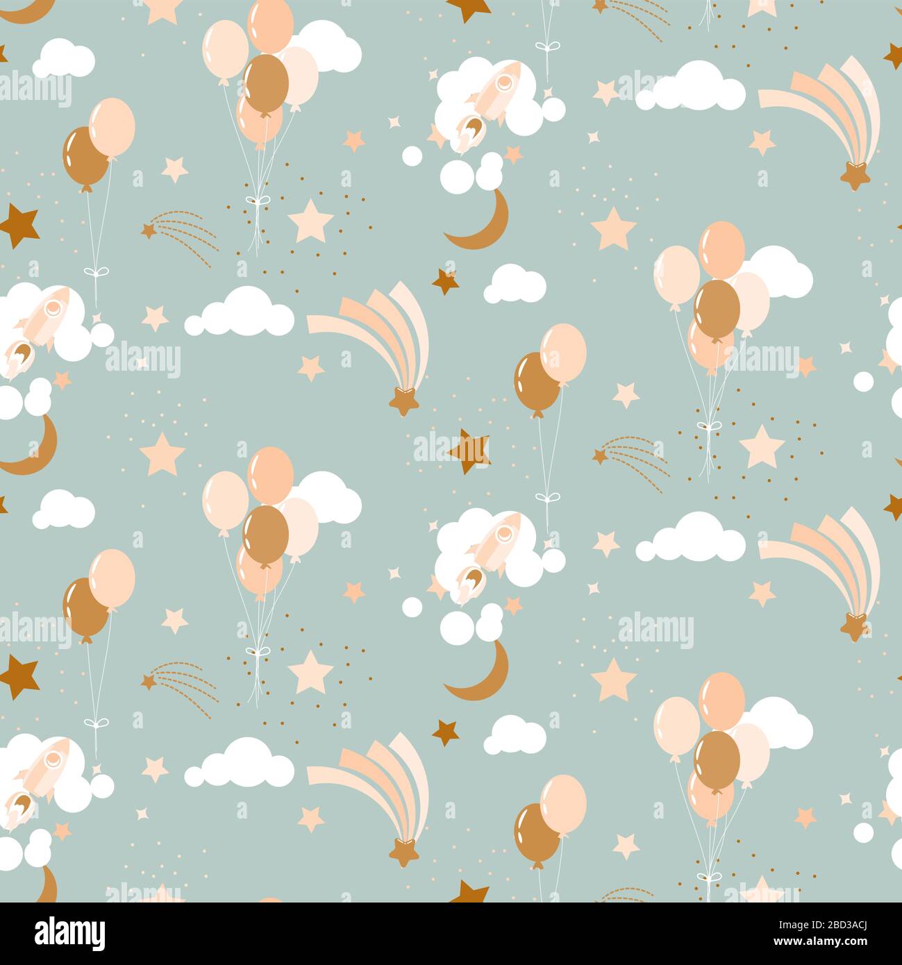 Cute baby pattern con palloncini, nuvole e razzi senza cuciture vettoriale pattern sfondo neutro calmo colori della scuola materna. Illustrazione Vettoriale
