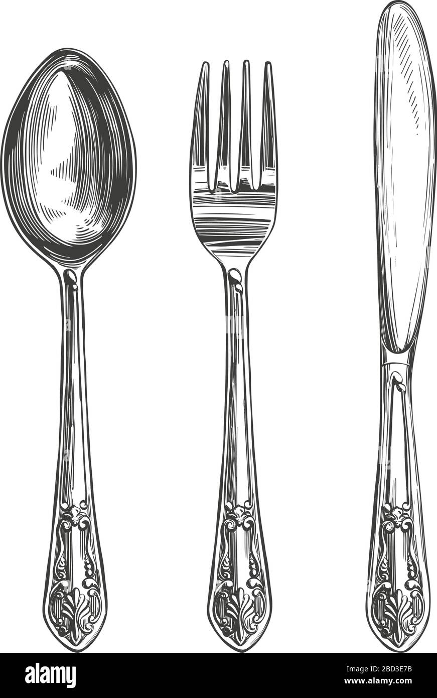 Posate set forchetta, cucchiaio, coltello, cucina, tavolo impostazione disegnata a mano illustrazione vettoriale realistico schizzo Illustrazione Vettoriale