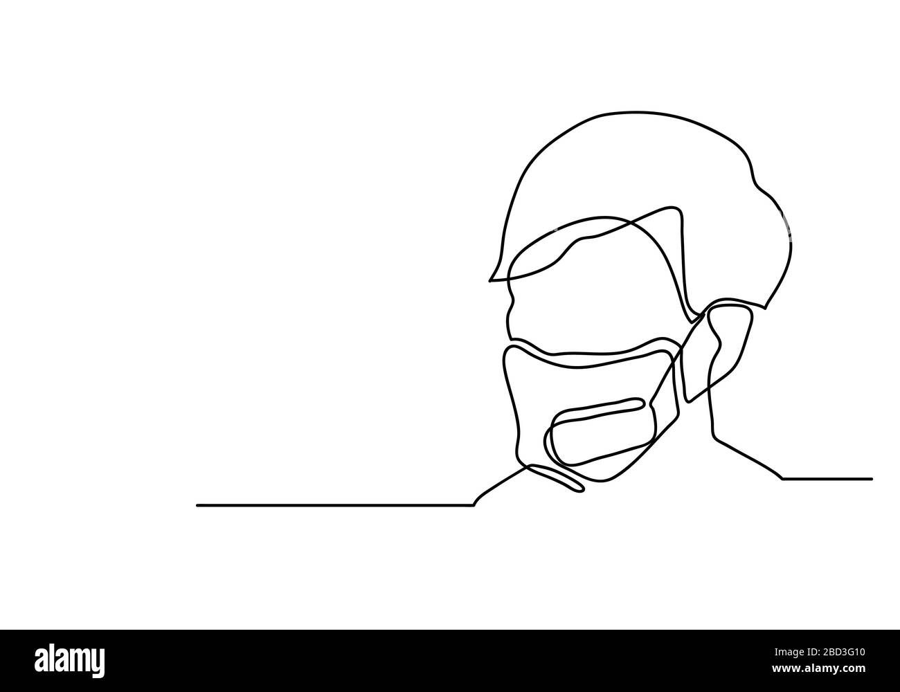 Una maschera facciale medica con disegno a linea continua. Concetto di virus corona. Foto Stock