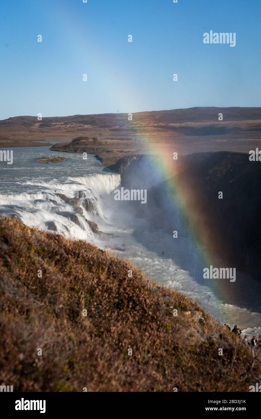 Cascata Gullfoss famoso punto panoramico in Islanda con arcobaleno Ottobre 2019 Foto Stock