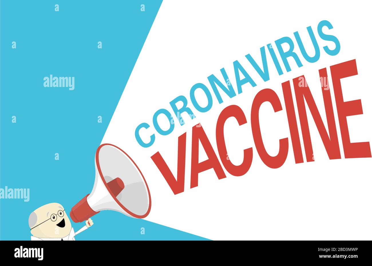 illustrazione vettoriale dello scienziato o del medico in una mano bianca che urla attraverso il vaccino megaphone coronavirus Illustrazione Vettoriale
