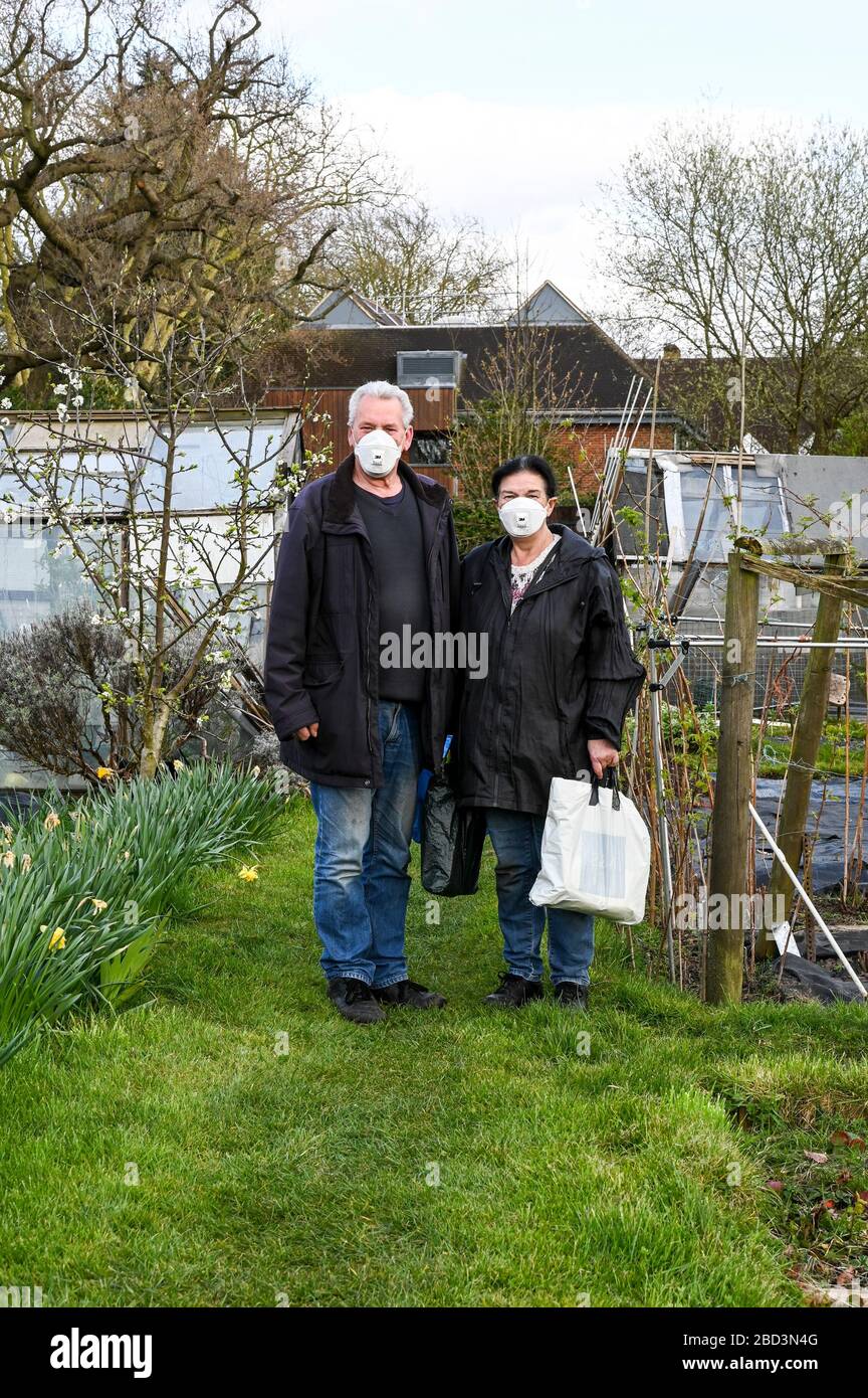 Una coppia sposata più anziana indossa maschere quando si arriva ad un giardino di assegnazione durante il covid-19 coronavirus pandemic. Foto Stock