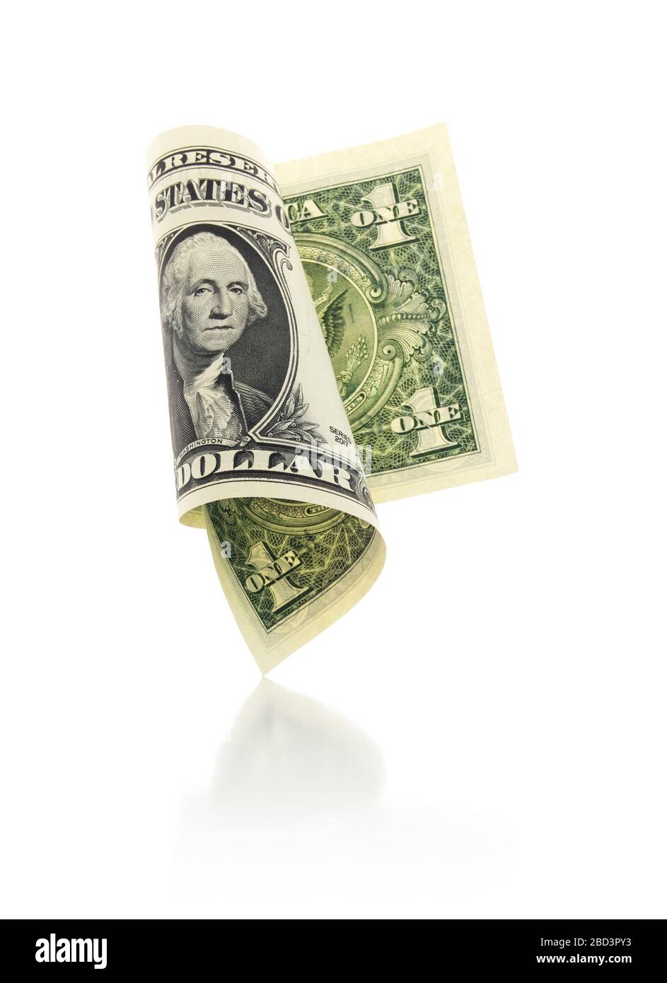 Valuta del dollaro statunitense isolata - bilanciata ha ridotto di un dollaro su sfondo bianco. Foto Stock