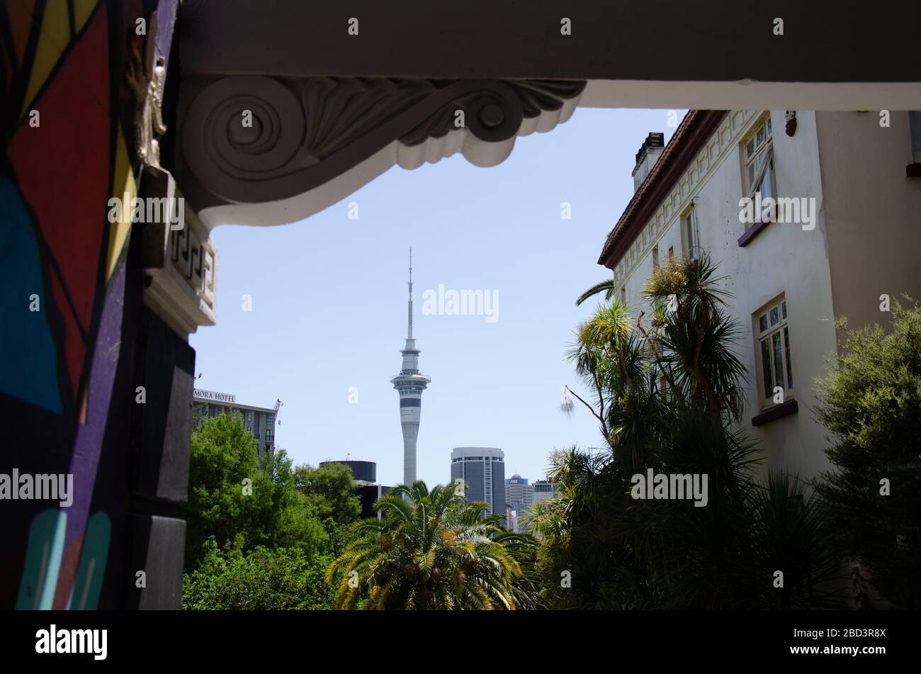 vista della torre sopraelevata di auckland attraverso gli alberi nel parco Foto Stock
