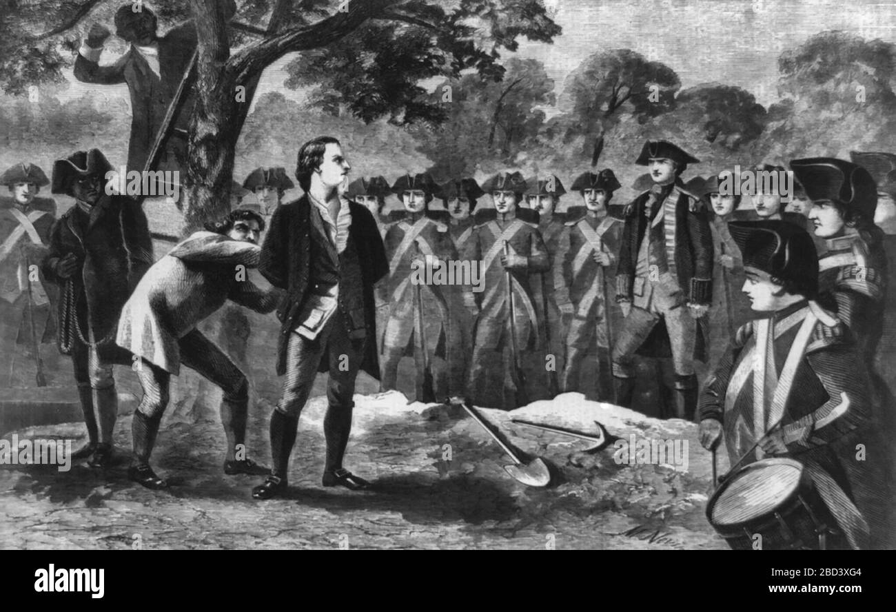 Memories of the Union - esecuzione di Nathan Hale sul sito di East Broadway, angolo di Market Street, New York, 21 settembre 1776 Foto Stock