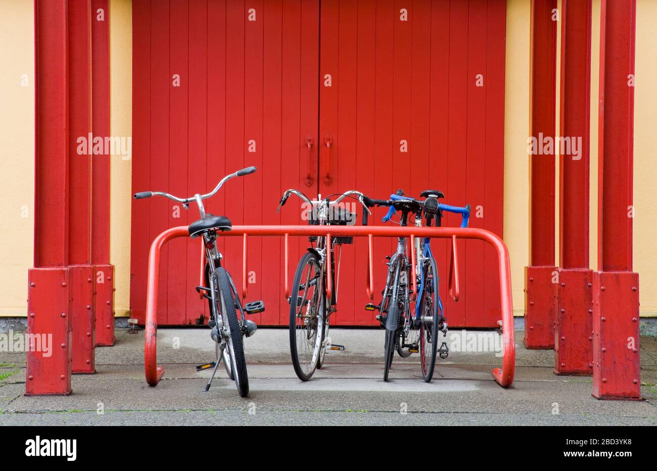 Biciclette a Granville Island, Vancouver, British Columbia, Canada, Nord America Foto Stock