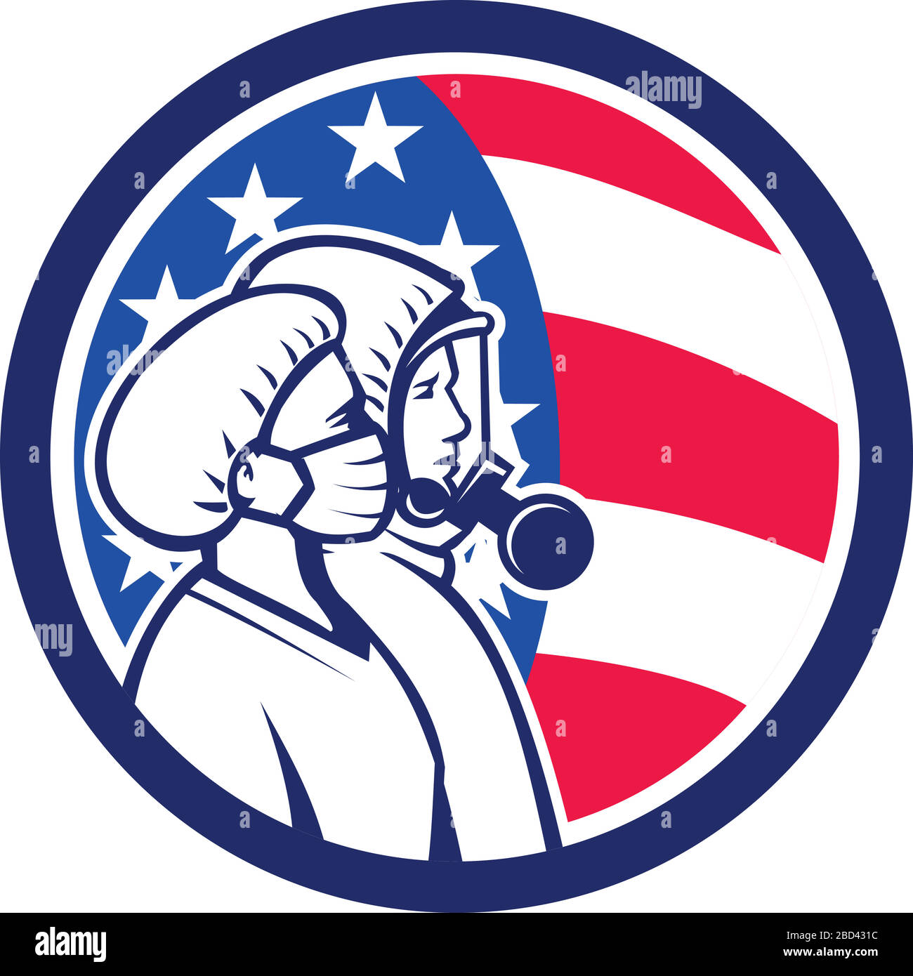 Illustrazione di un operatore sanitario americano, un medico o un infermiere che indossa una maschera chirurgica come eroi visti dal lato con stelle USA e strisce bandiera set i Illustrazione Vettoriale