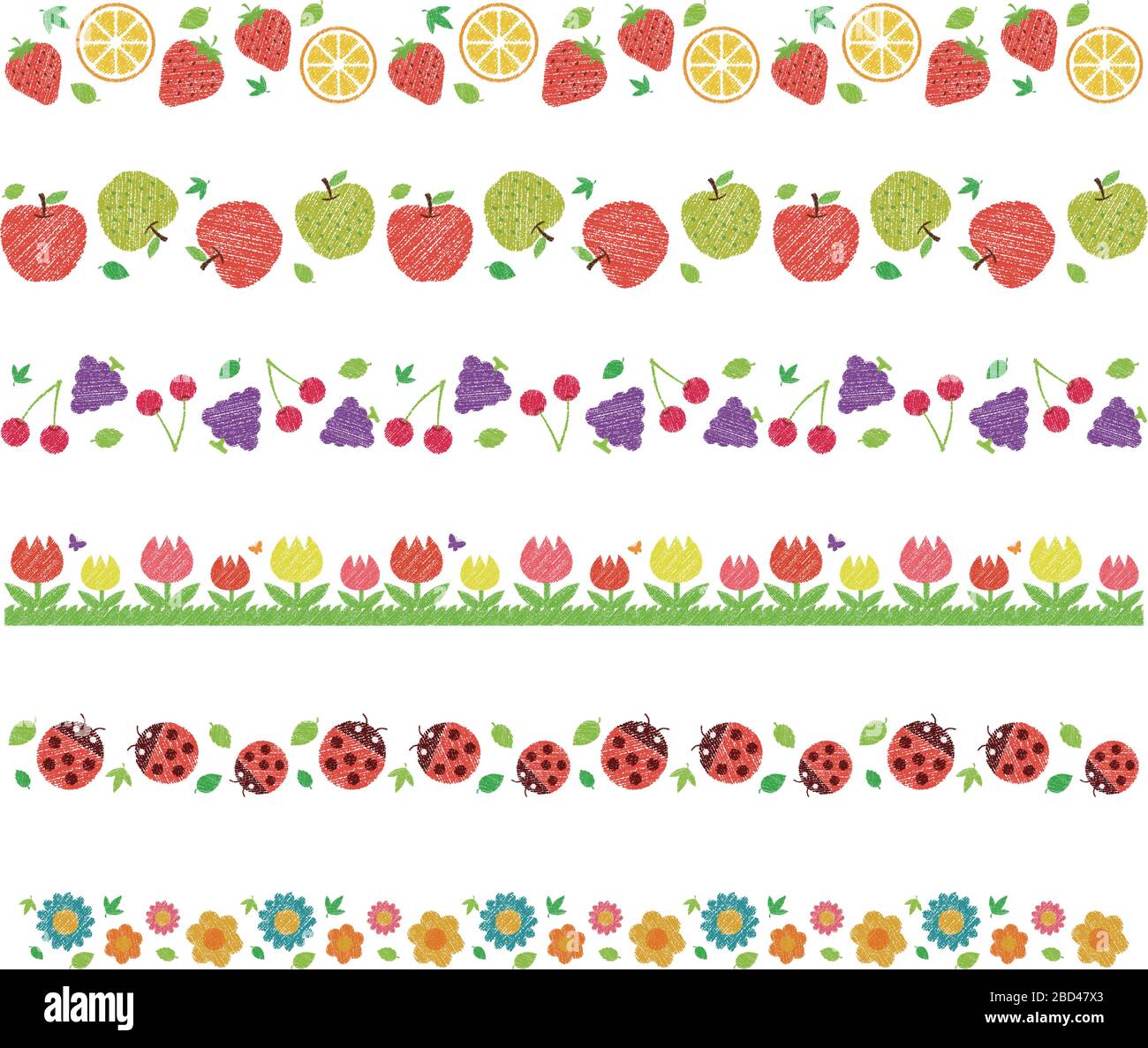 Set patten orizzontale senza cuciture / fiori, frutta, ecc. (stile di scrittura a mano / tratto di matita colorato) Illustrazione Vettoriale