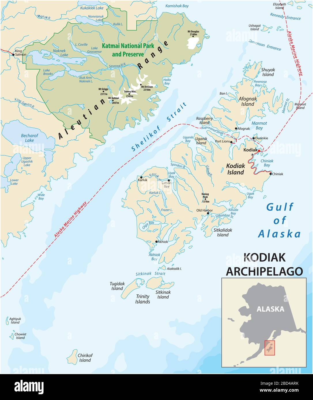 Mappa vettoriale dell'arcipelago di Kodiak appartenente allo stato dell'Alaska degli Stati Uniti Illustrazione Vettoriale