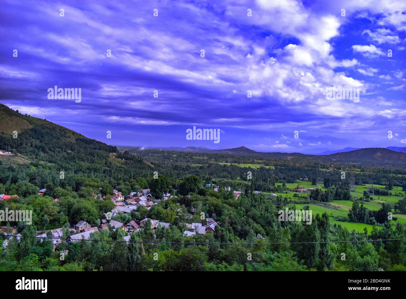 Bella vista dei campi di papà con il cielo blu bello a Pahalgam Kashmir, India. Foto Stock