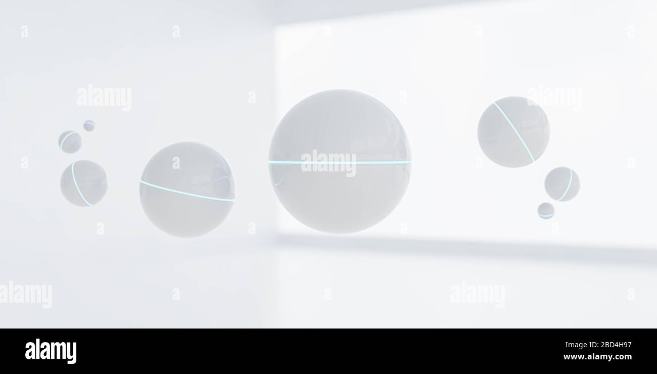 Bianco moderno futuristico lucido astratto hovering sfera geometrica blu anello di illuminazione in mezzo bianco sfondo rendering illustrazione 3d Foto Stock