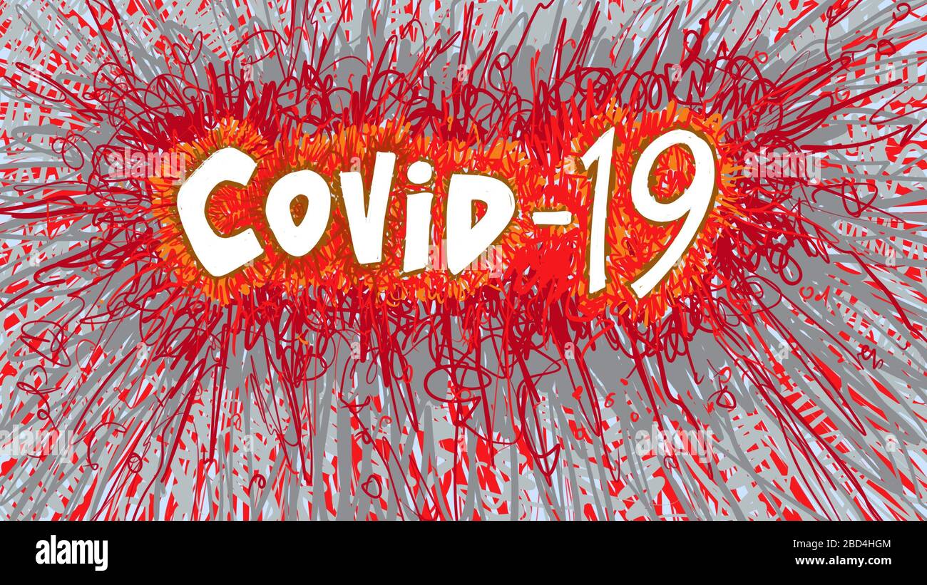 Covid-19 come intestazione tipografica. Le parole hanno un'opera espressiva che emana in rosso sangue e marrone torbido. Ha una sensazione di essere virale. Foto Stock