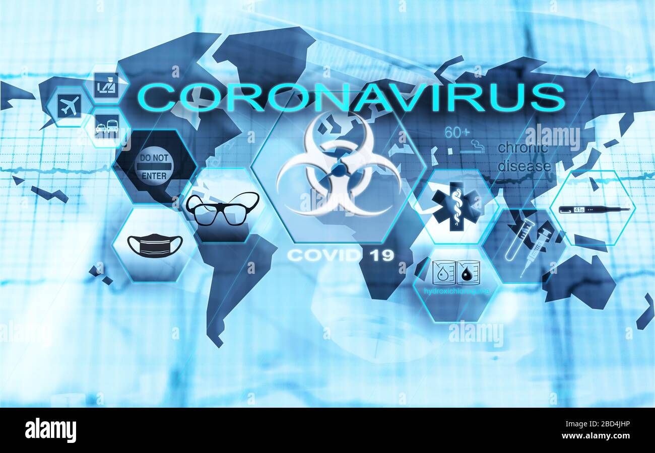 Pandemie coronavirus e concetti associati in illustrazioni composte digitalmente. Dispositivi di protezione, vincoli di mobilità, rischio biologico, vaccini, ricerca Foto Stock