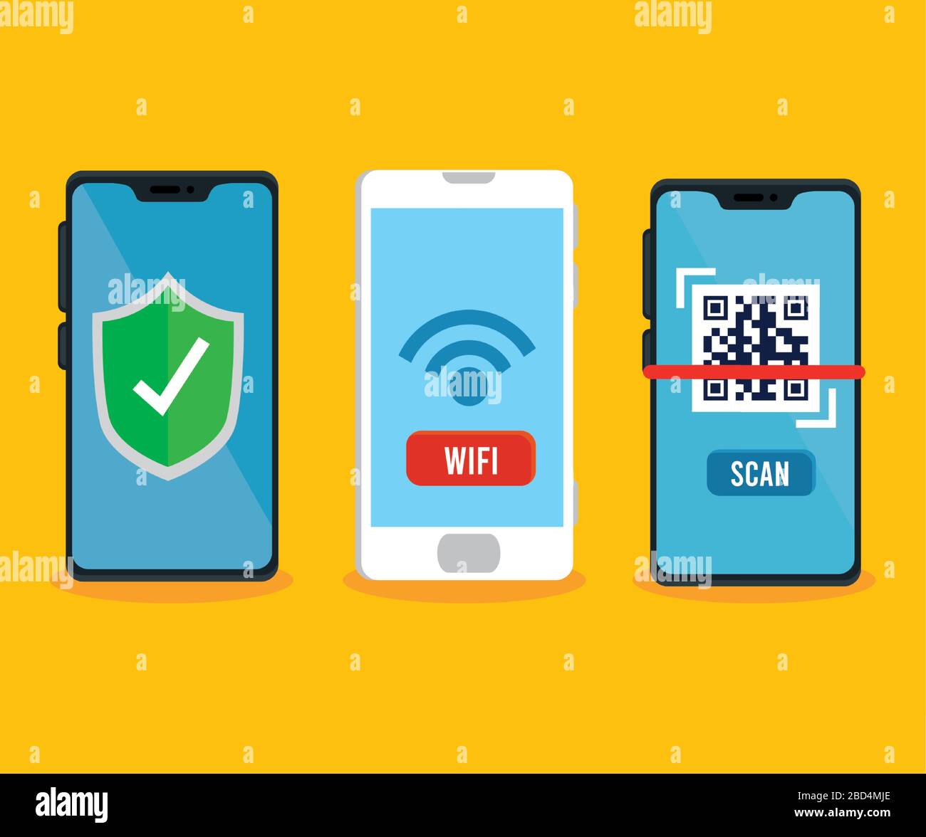 qr code shield e wifi inside smartphone design vettoriale Illustrazione Vettoriale