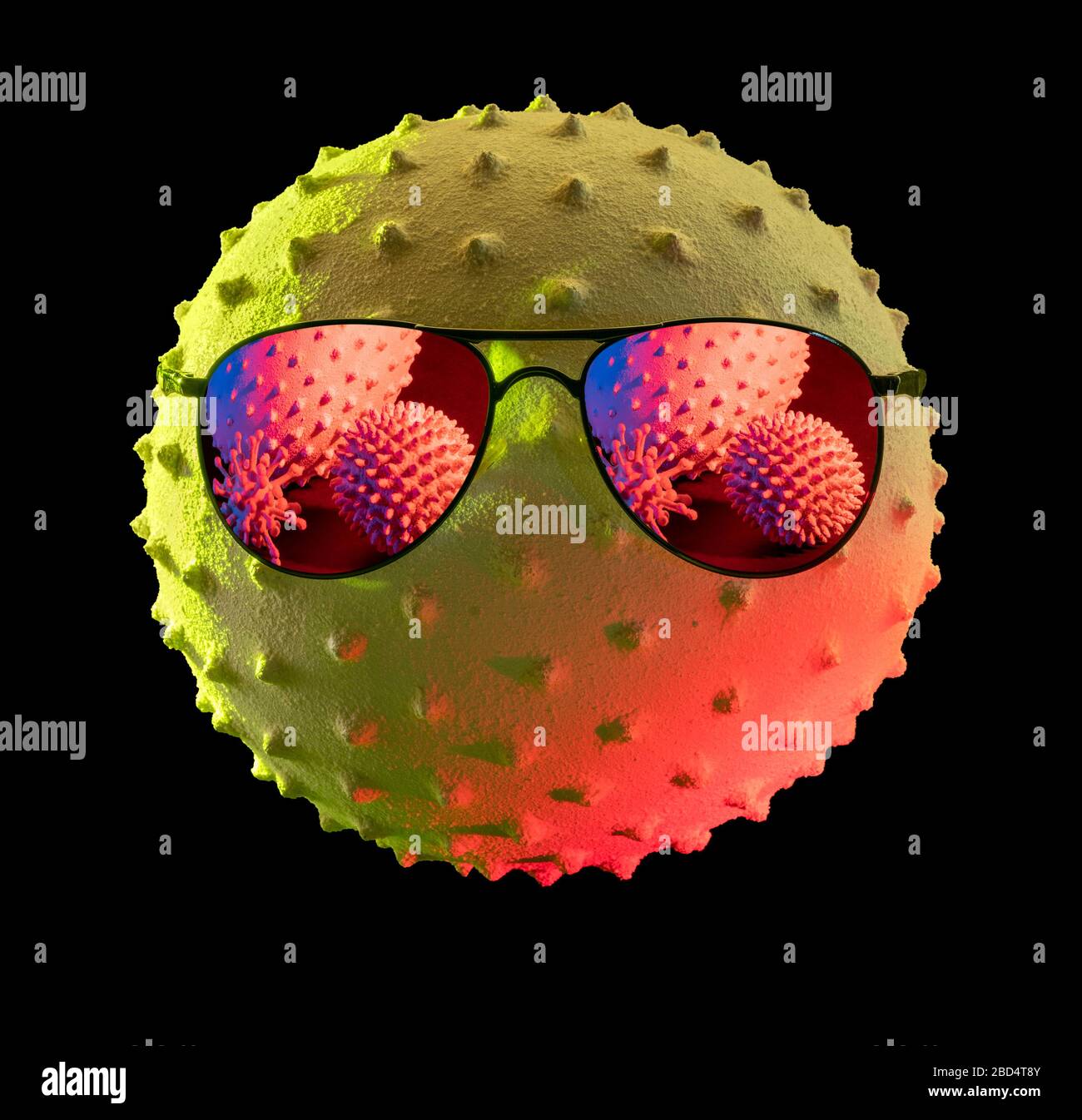 primo piano che mostra un colorato virus simbolico illuminato indossando occhiali da sole sul retro scuro Foto Stock