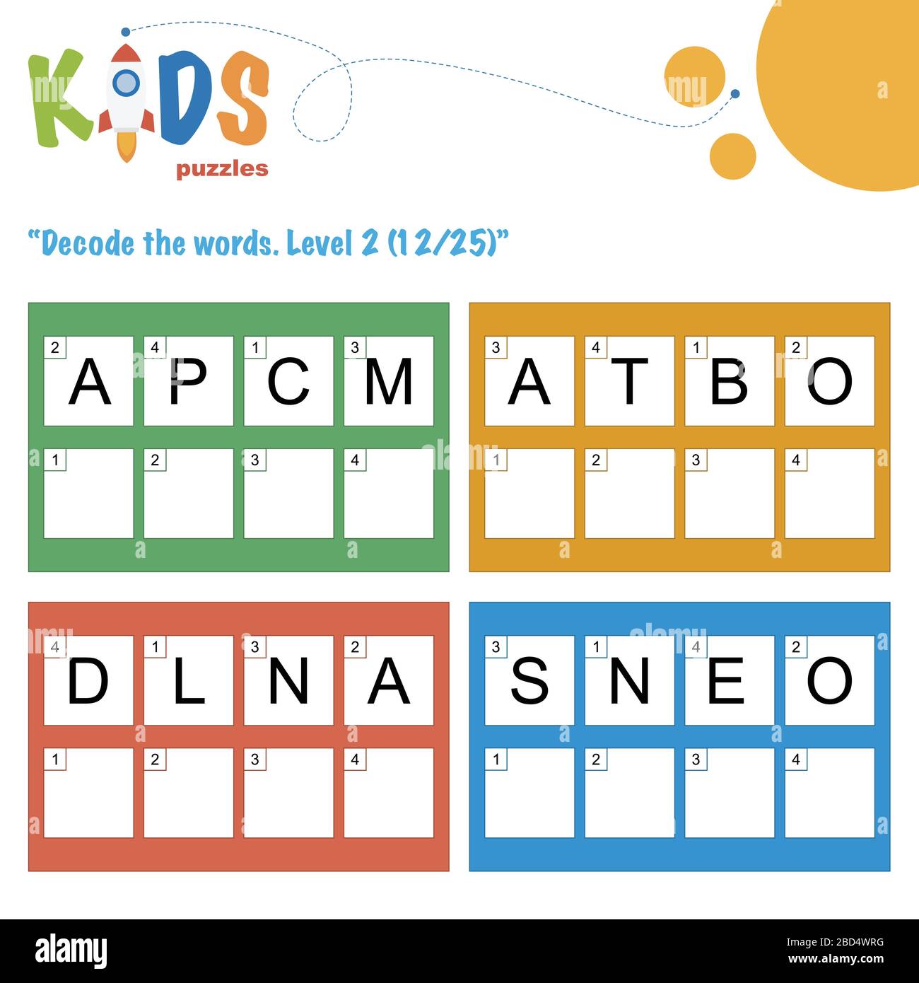 Decodificare le parole di 4 lettere. Pratica del foglio di lavoro per bambini della scuola materna, elementare e media. Foglio attività puzzle di logica divertente. Illustrazione Vettoriale