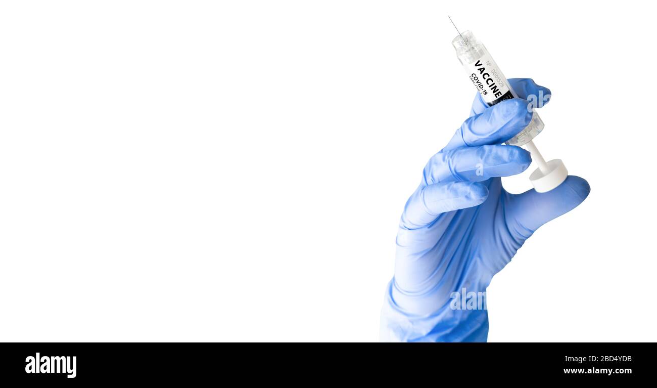 Siringa con la scritta "Vaccine". Vaccinazione contro il coronavirus Foto Stock