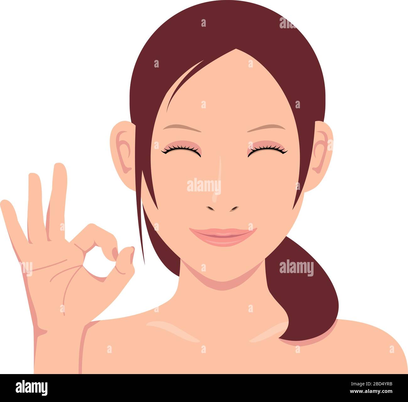 Giovane donna asiatica faccia vettoriale illustrazione (appena fuori dal bagno) / ok segno con sorridente Illustrazione Vettoriale