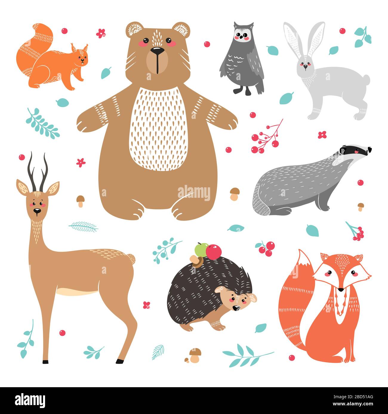 Simpatici animali: volpe, tasso, lo scoiattolo, il gufo, cervi rossi, caprioli, lepri, conigli, riccio orso e diversi elementi Illustrazione disegnata a mano in scandinav Illustrazione Vettoriale