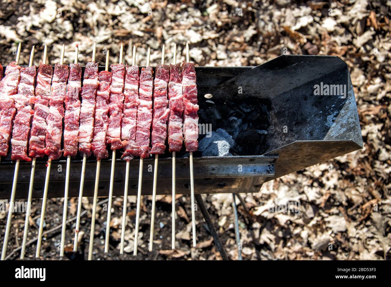 Arrosticini alla griglia, spiedini abruzzesi di pecora cotti sulla grata e  su uno speciale braciere Foto stock - Alamy