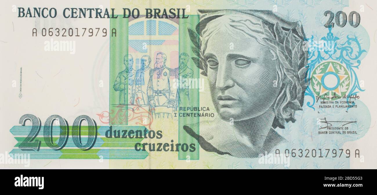 L'oscverso di una banconota brasiliana del 1990. 200 Duzentos Cruzeiros Foto Stock